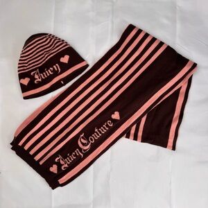 VINTAGE Juicy Couture Pink and Brown Striped Scarf/Hat Set